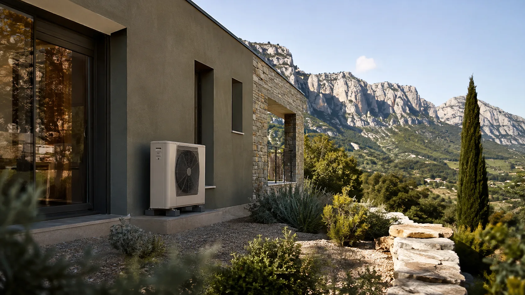 Pompe à chaleur installée sur une maison dans les Alpes du Sud